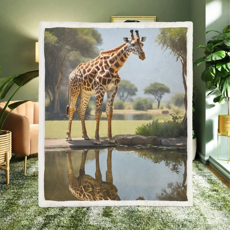 Giraffe by a Pond Sherpa Fleece Blanket