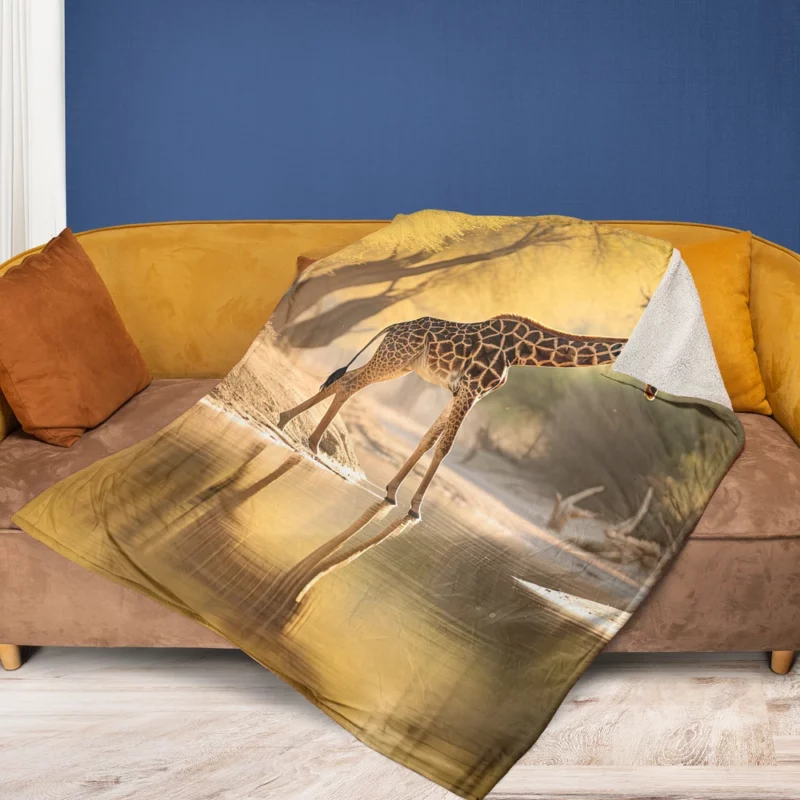 Giraffe by the Watering Hole Fleece Blanket 1