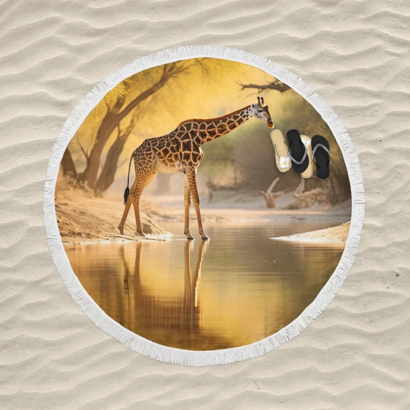 Giraffe by the Watering Hole Round Beach Towel