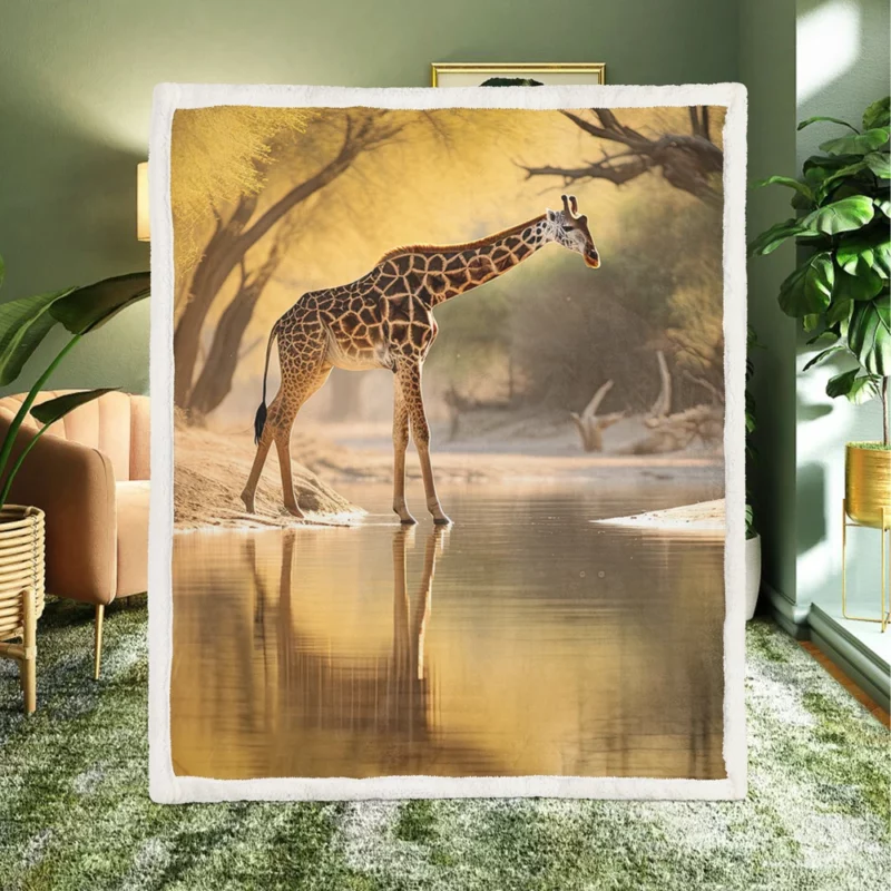 Giraffe by the Watering Hole Sherpa Fleece Blanket