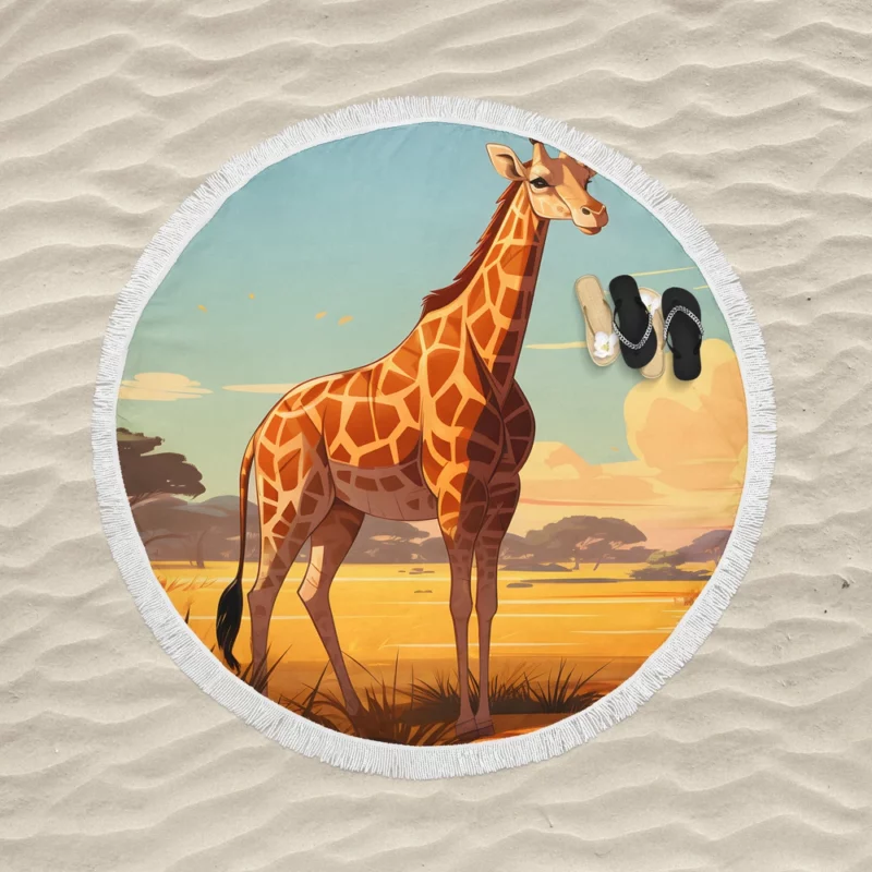 Giraffe in the Savannah Round Beach Towel