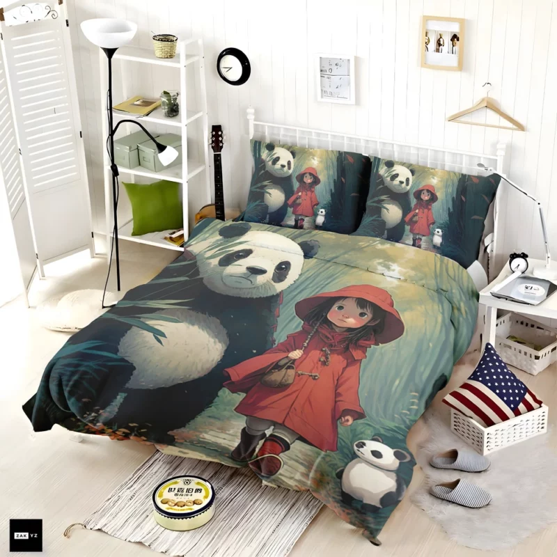 Girl and Panda in Rain Bedding Set