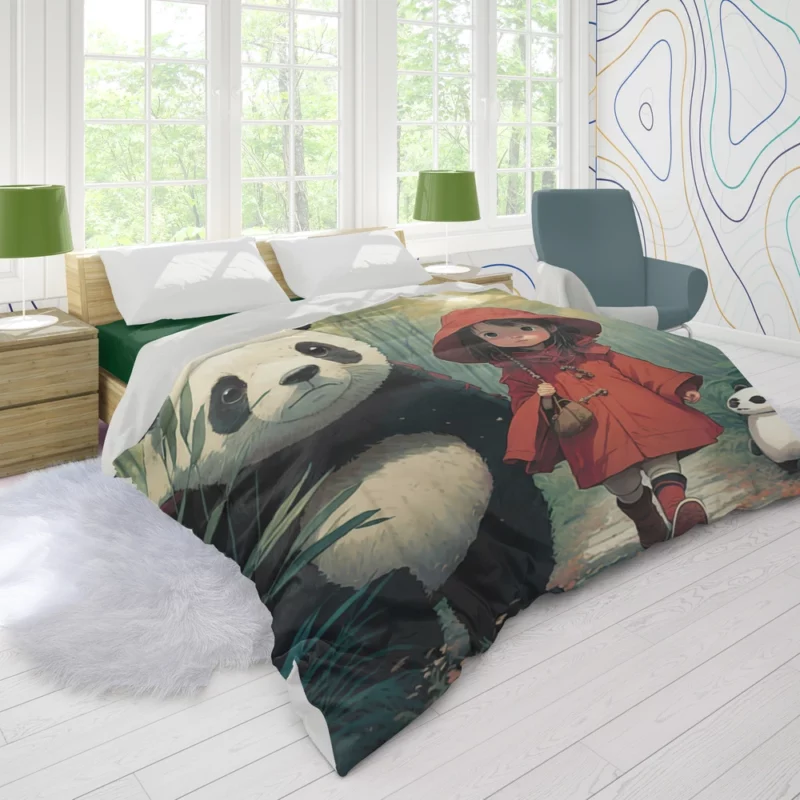 Girl and Panda in Rain Duvet Cover