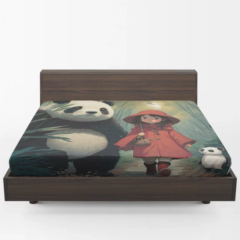 Girl and Panda in Rain Fitted Sheet 1