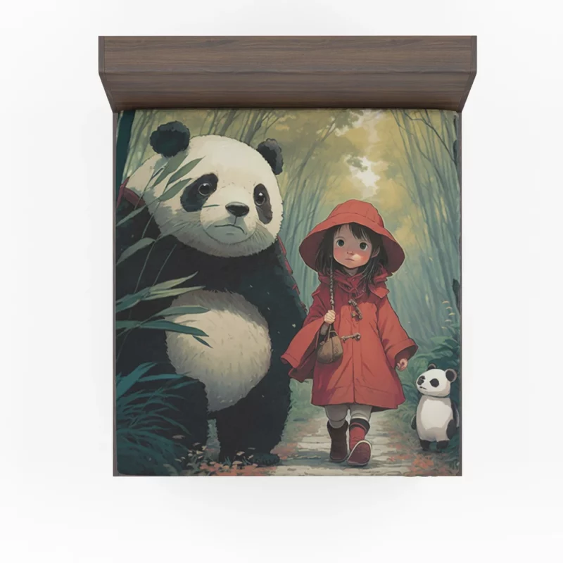 Girl and Panda in Rain Fitted Sheet