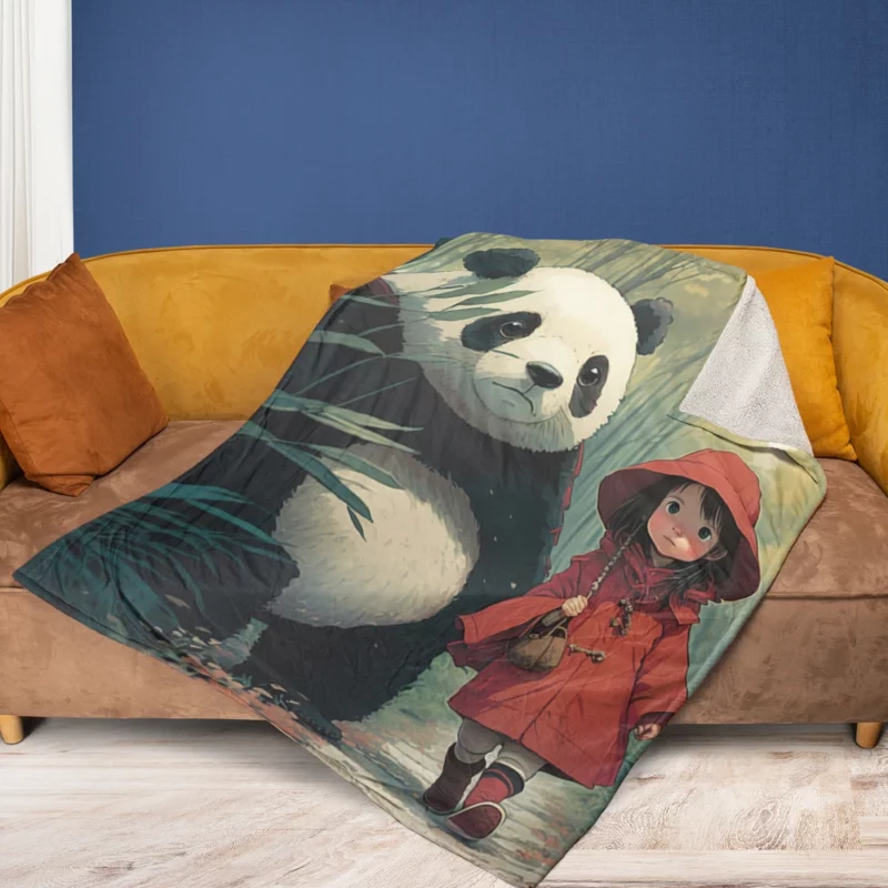 Girl and Panda in Rain Fleece Blanket 1