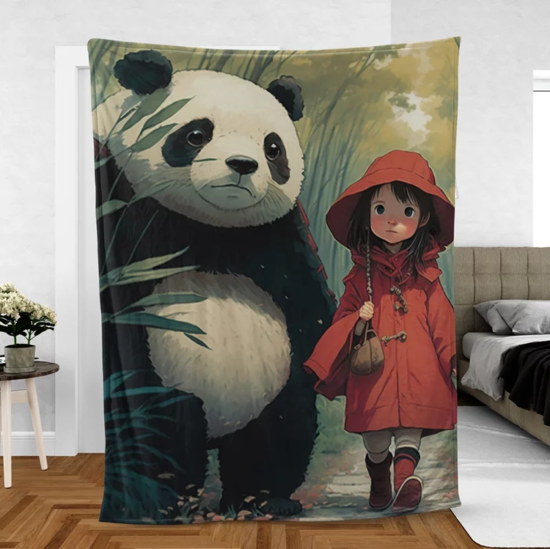 Girl and Panda in Rain Fleece Blanket