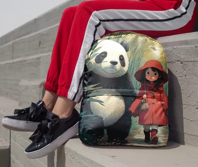 Girl and Panda in Rain Minimalist Backpack 1