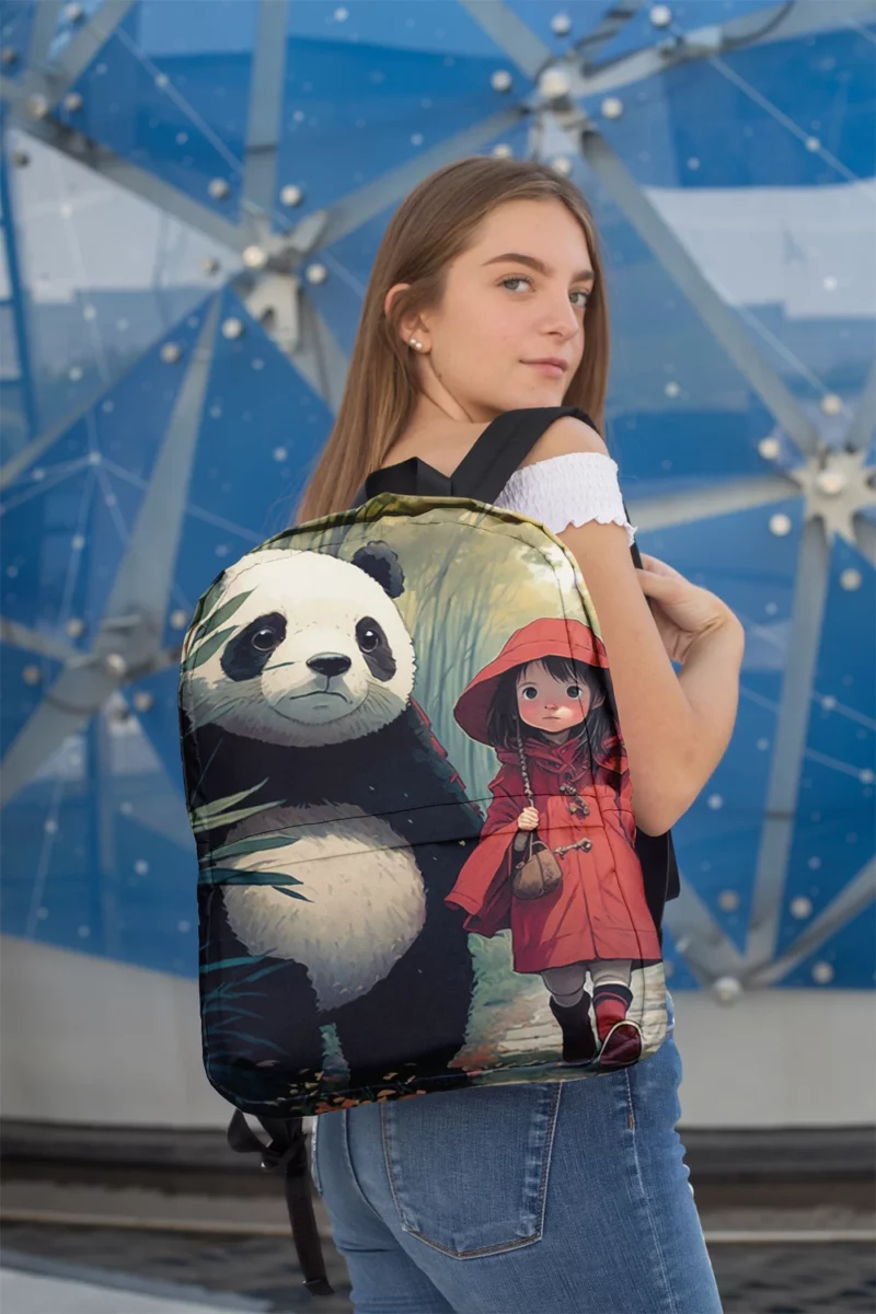 Girl and Panda in Rain Minimalist Backpack 2