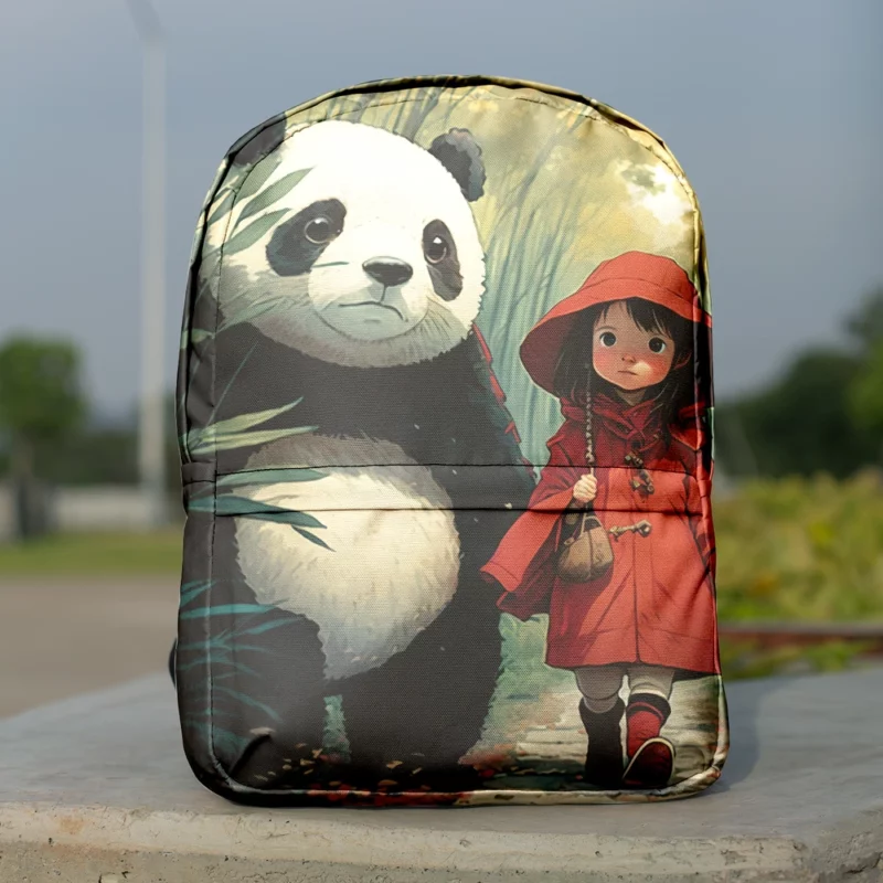 Girl and Panda in Rain Minimalist Backpack