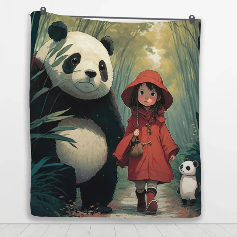 Girl and Panda in Rain Quilt Blanket 1