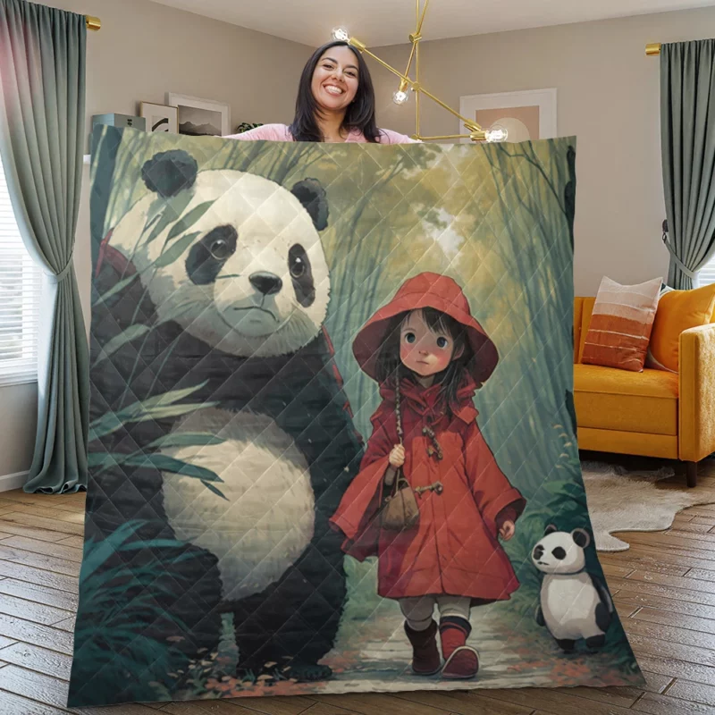 Girl and Panda in Rain Quilt Blanket