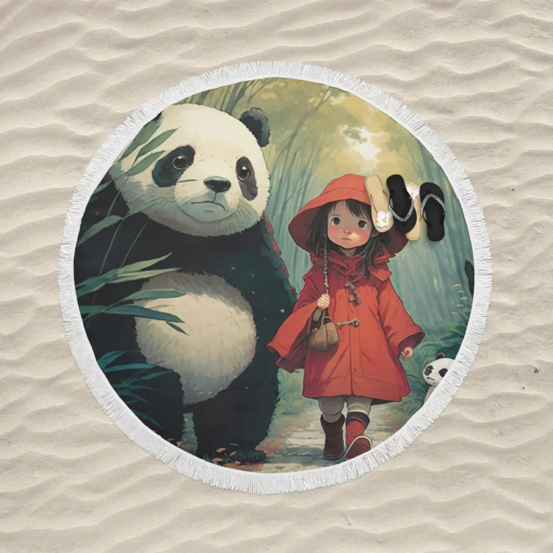 Girl and Panda in Rain Round Beach Towel