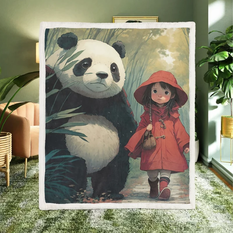 Girl and Panda in Rain Sherpa Fleece Blanket