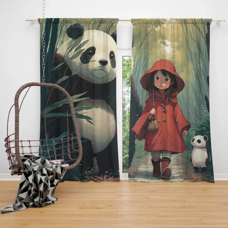 Girl and Panda in Rain Window Curtain