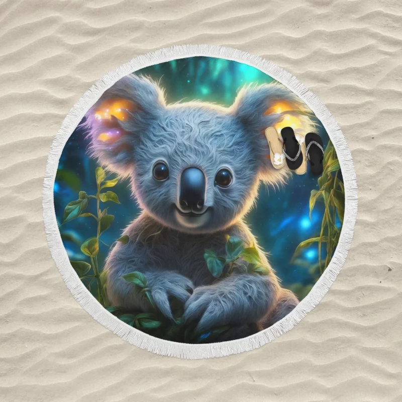 Glowing Koala in Magical Garden Round Beach Towel