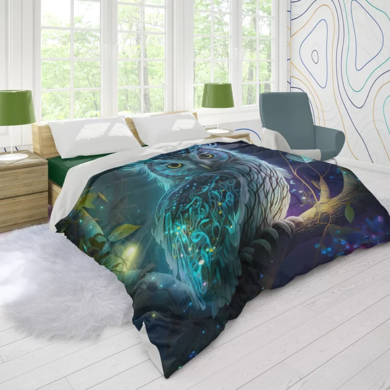 Glowing Owl on Branch Duvet Cover