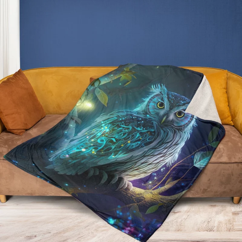 Glowing Owl on Branch Fleece Blanket 1