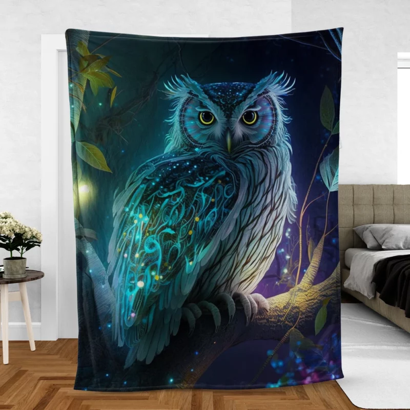 Glowing Owl on Branch Fleece Blanket