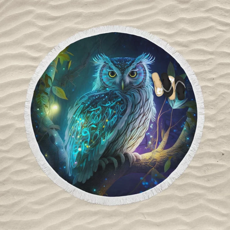 Glowing Owl on Branch Round Beach Towel