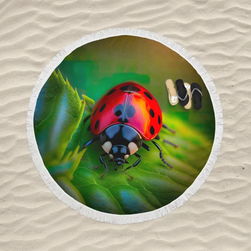 Glowing Red Ladybug AI Art Round Beach Towel