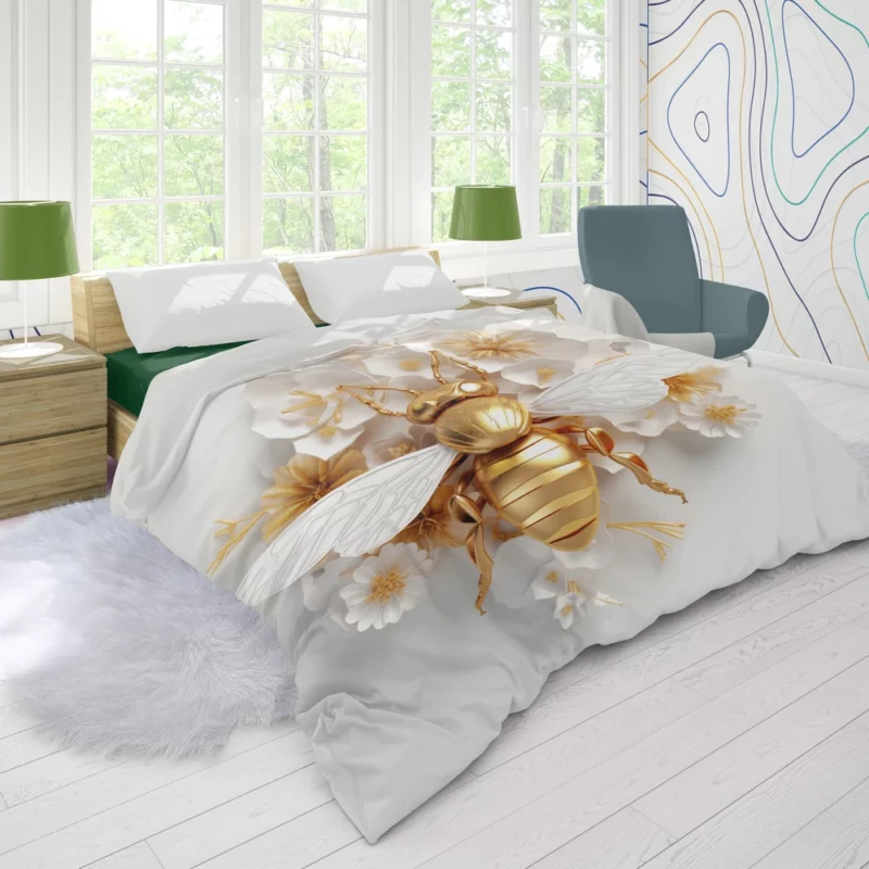 Golden Bee With White Flowers Duvet Cover