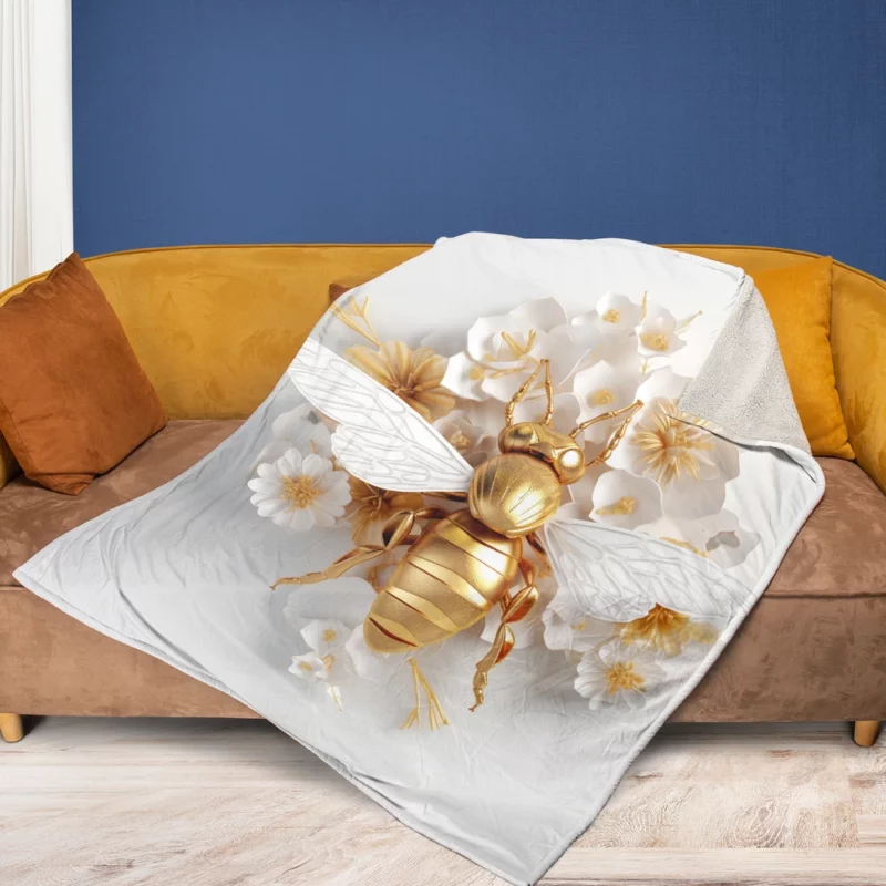 Golden Bee With White Flowers Fleece Blanket 1