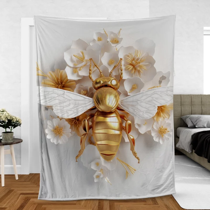 Golden Bee With White Flowers Fleece Blanket