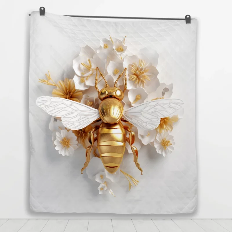 Golden Bee With White Flowers Quilt Blanket 1