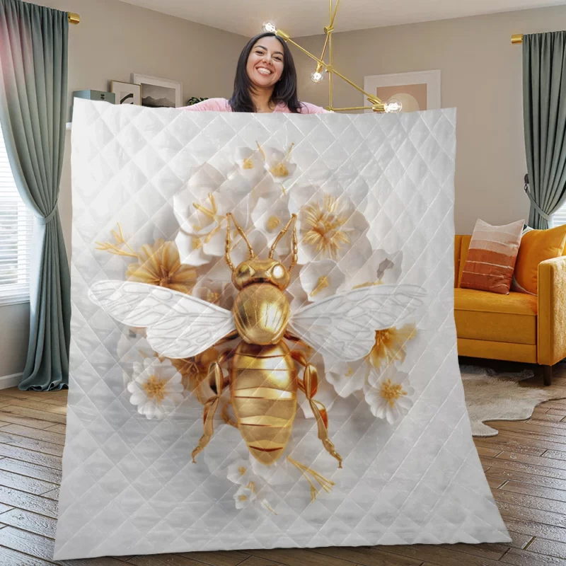 Golden Bee With White Flowers Quilt Blanket