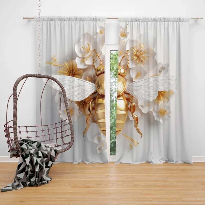 Golden Bee With White Flowers Window Curtain