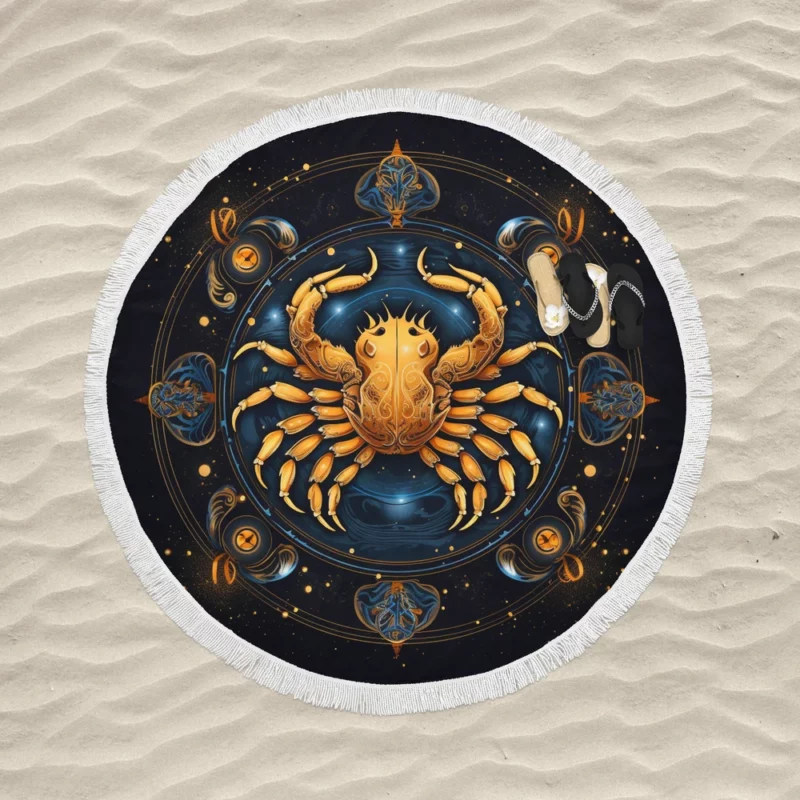 Golden Crab Cancer Symbol Round Beach Towel