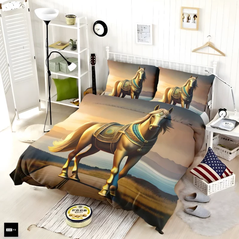 Golden Horse Statue Bedding Set