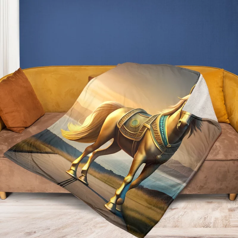 Golden Horse Statue Fleece Blanket 1