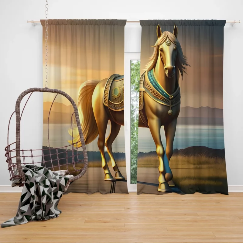Golden Horse Statue Window Curtain