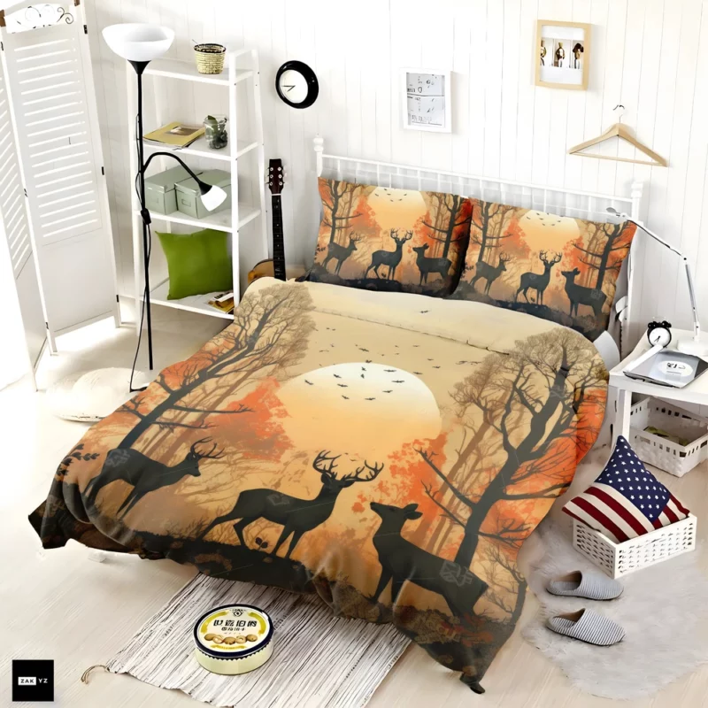 Golden Hour Deer in Sunset Forest Bedding Set