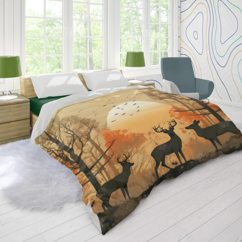 Golden Hour Deer in Sunset Forest Duvet Cover