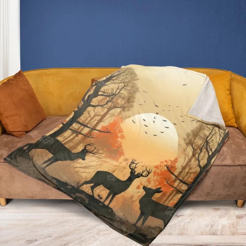 Golden Hour Deer in Sunset Forest Fleece Blanket 1