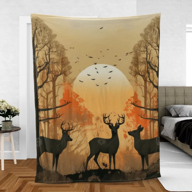 Golden Hour Deer in Sunset Forest Fleece Blanket