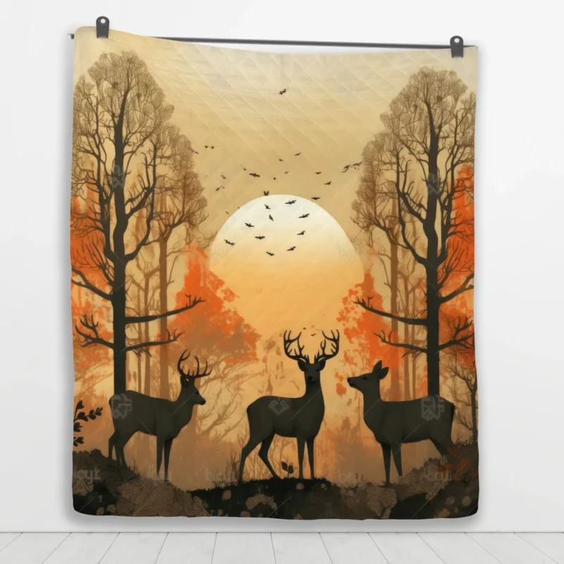 Golden Hour Deer in Sunset Forest Quilt Blanket 1