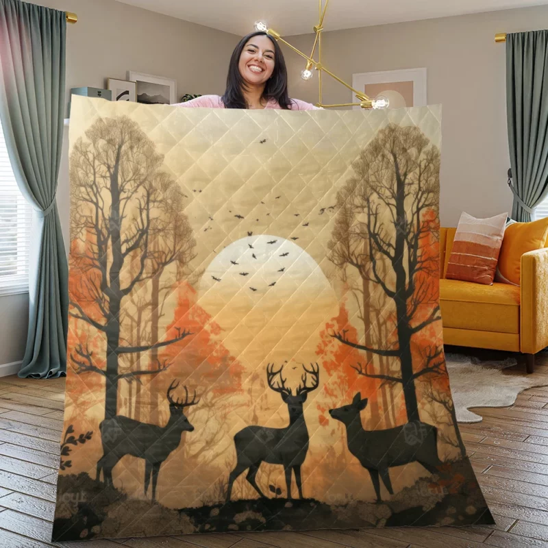 Golden Hour Deer in Sunset Forest Quilt Blanket