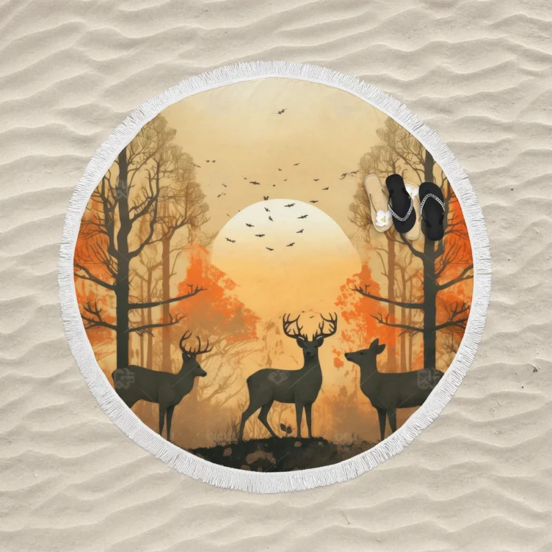 Golden Hour Deer in Sunset Forest Round Beach Towel