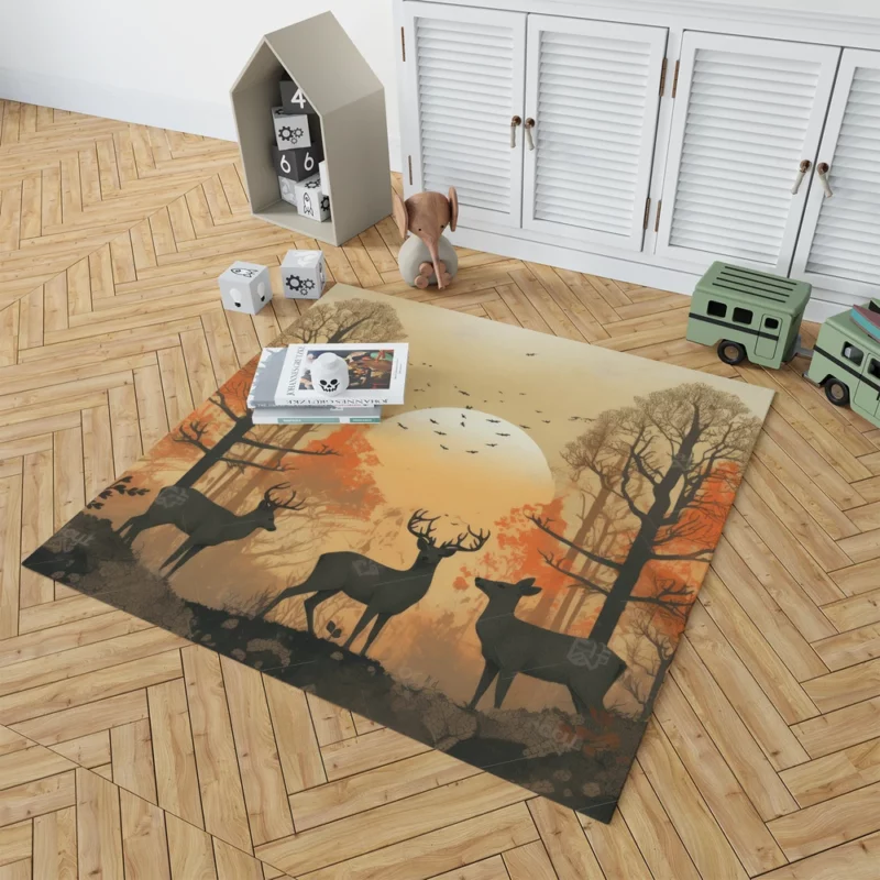 Golden Hour Deer in Sunset Forest Rug 1