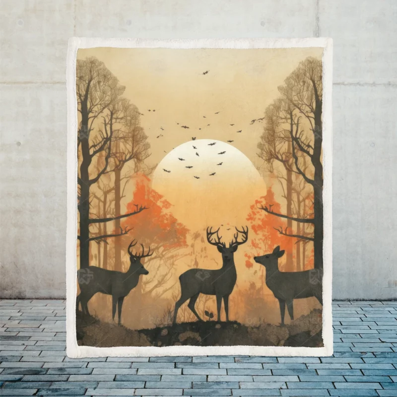 Golden Hour Deer in Sunset Forest Sherpa Fleece Blanket