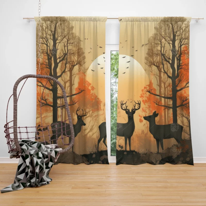 Golden Hour Deer in Sunset Forest Window Curtain