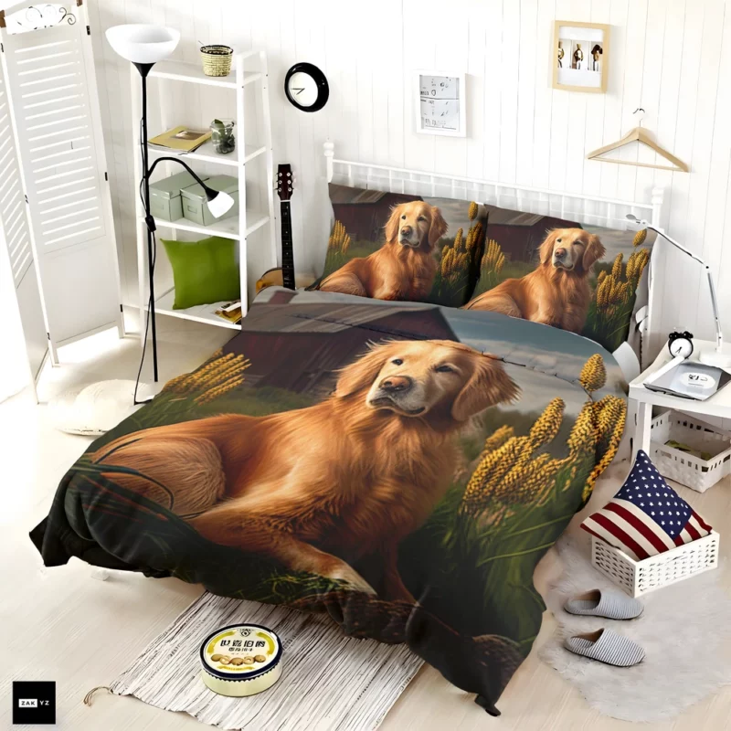 Golden Retriever Near Barn Bedding Set