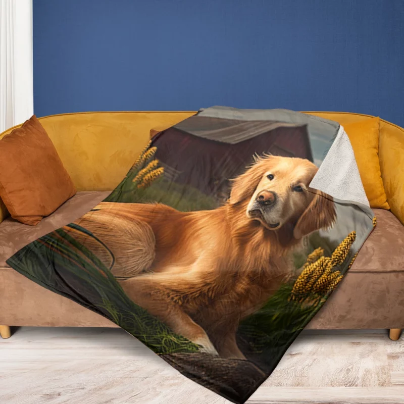 Golden Retriever Near Barn Fleece Blanket 1