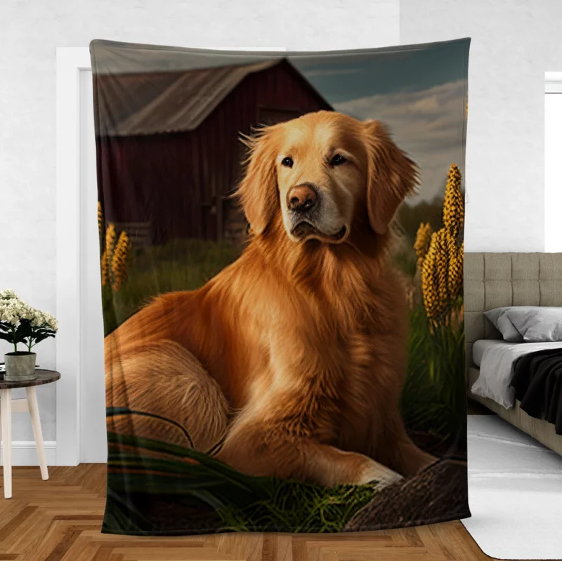 Golden Retriever Near Barn Fleece Blanket