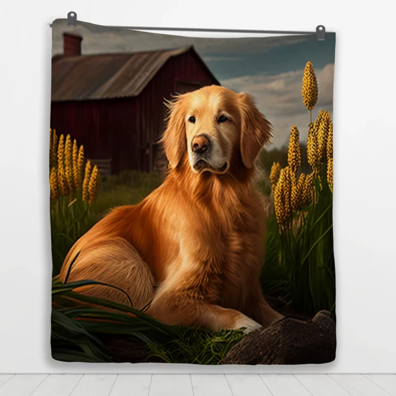 Golden Retriever Near Barn Quilt Blanket 1