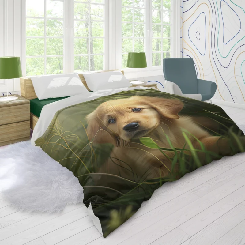 Golden Retriever Puppy in Grass Duvet Cover